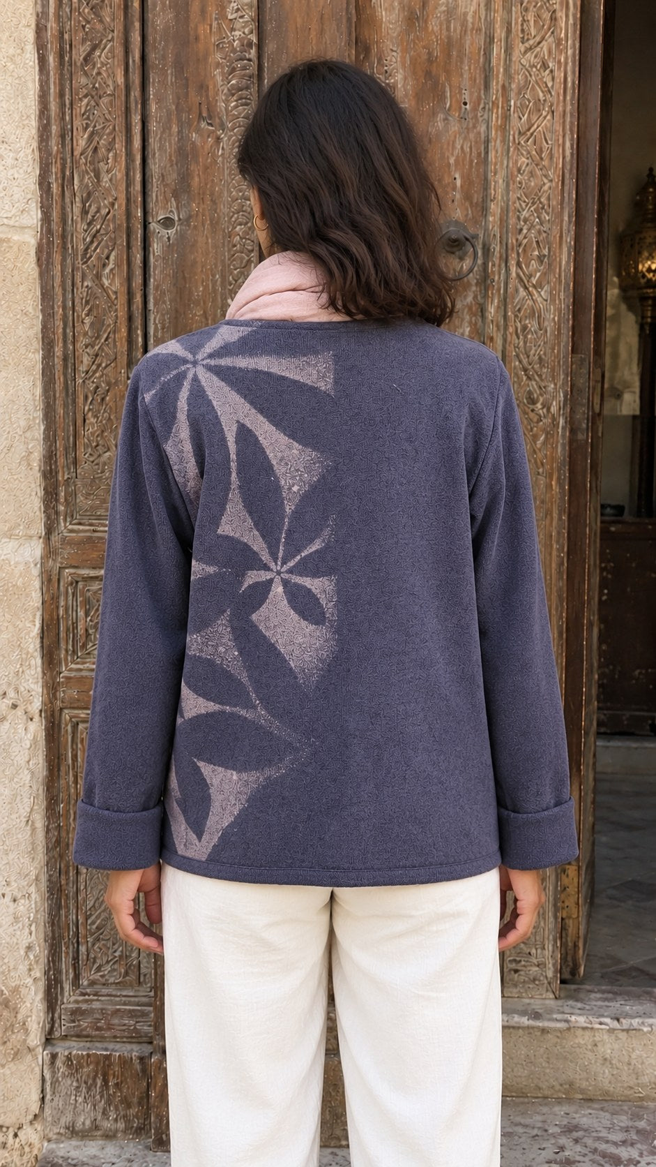 Bashera Tree Jacket – navy, leaf print across the back – view 2