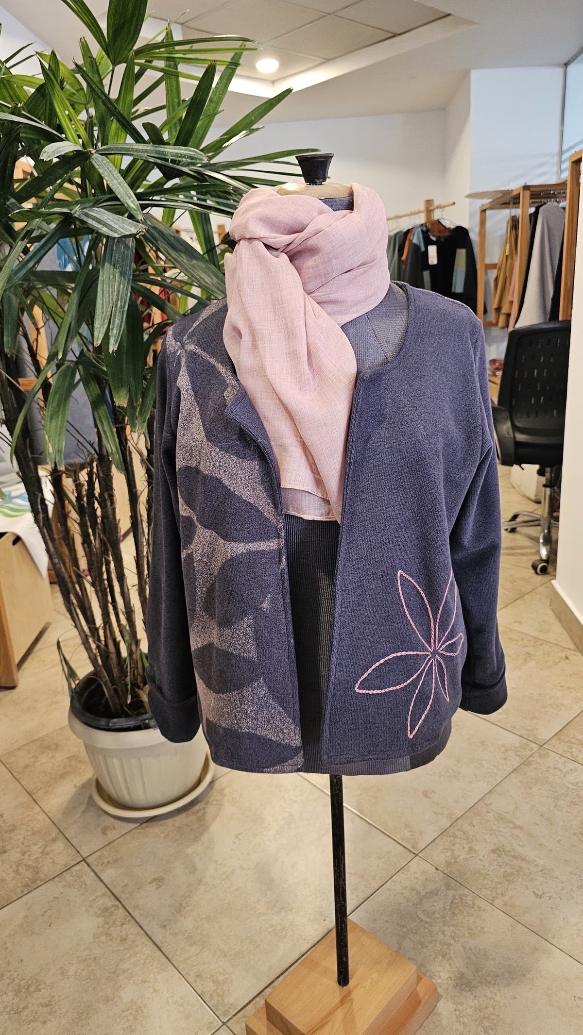 Bashera Tree Jacket – navy with leaf print, on a mannequin – view 3
