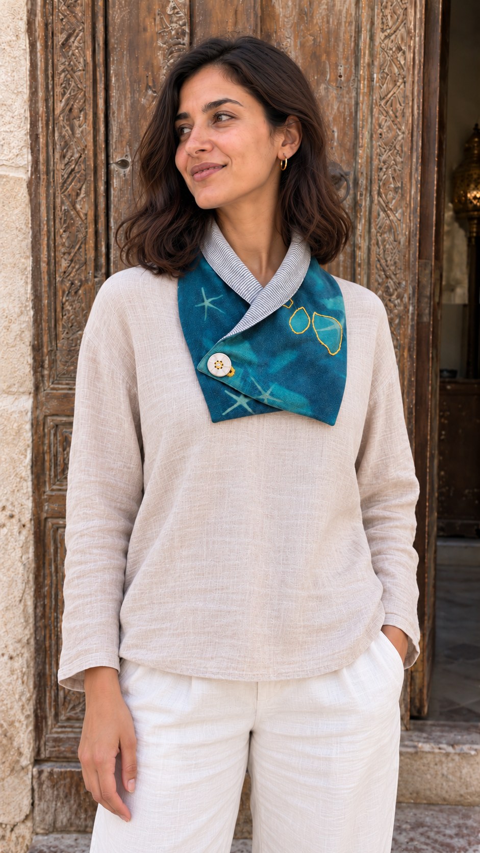 Cozy Collar – teal cyano print with striped lining – view 2