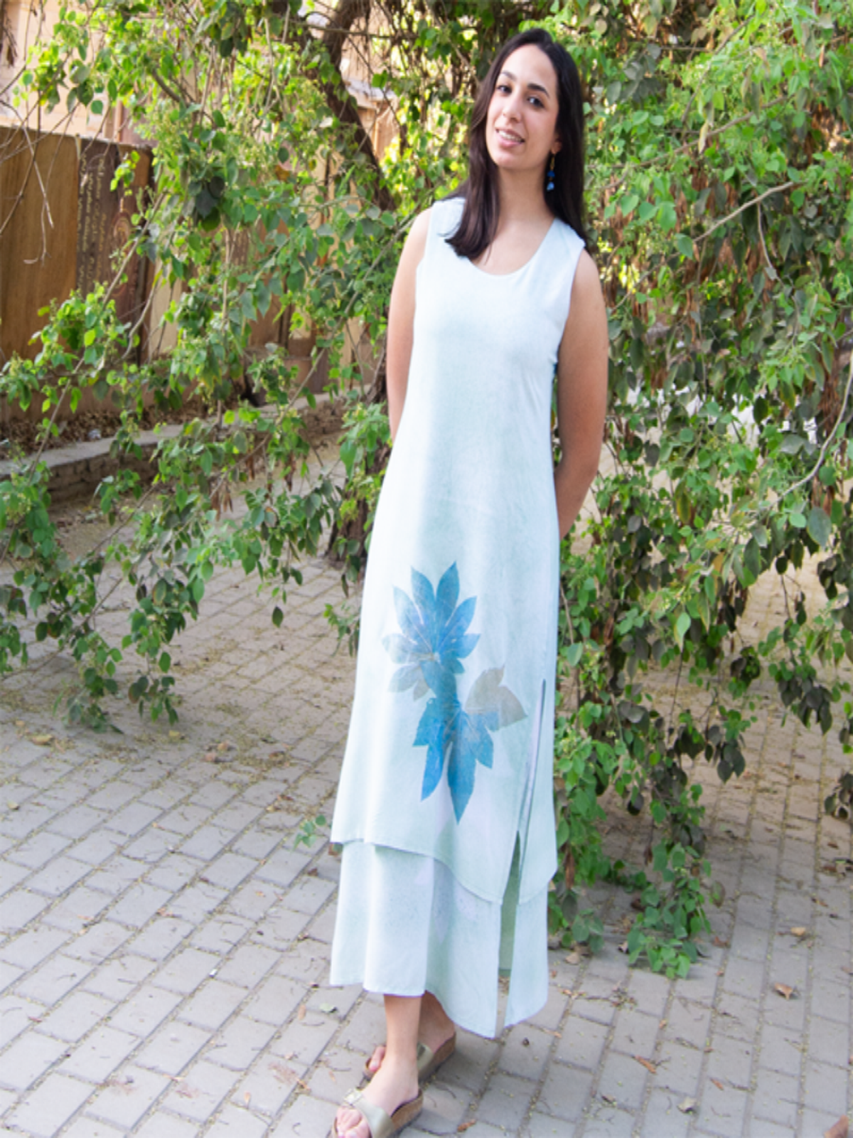 Floral Leaf Print Layered Dress White & Sprayed Blue – botanical print women's dress by MIM Creative Wear, Egypt