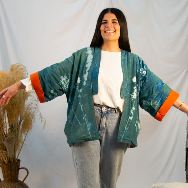 Flower Power Cyanoprint Kimono Jacket – cyanotype sun-printed women's kimono by MIM Creative Wear, Egypt