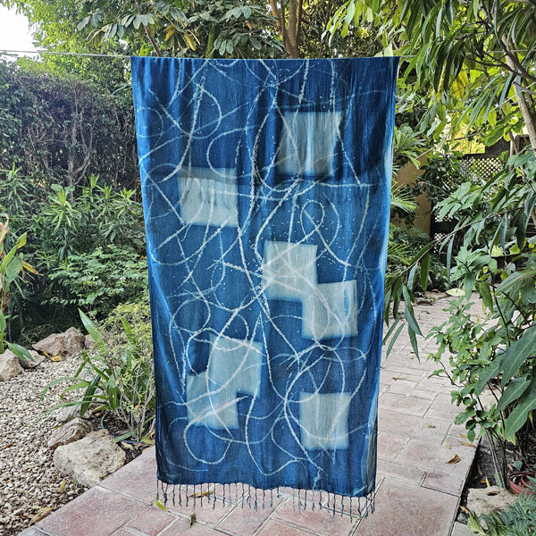 Gaeden Shawl Cyano Print – cyanotype sun-printed shawl by MIM Creative Wear, Egypt