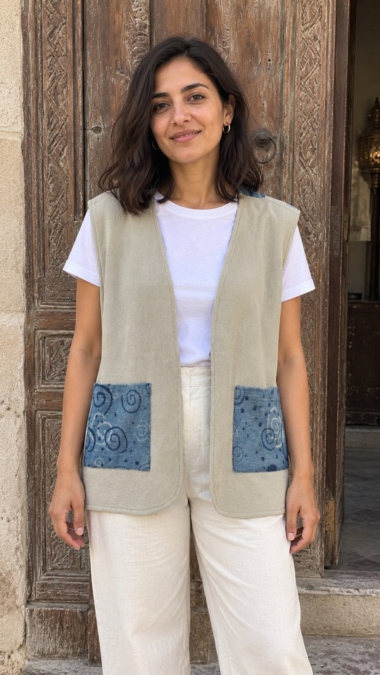 Inside Out Vest – sand knit side with cyanotype-printed pockets, reversible hand-printed vest by MIM Creative Wear, Egypt