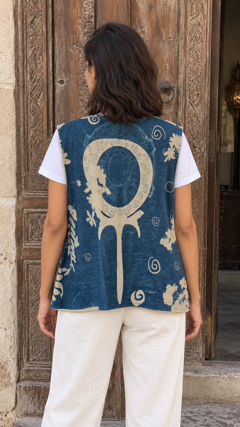 Inside Out Vest – cyanotype back with ankh-inspired symbol and leaves – view 2