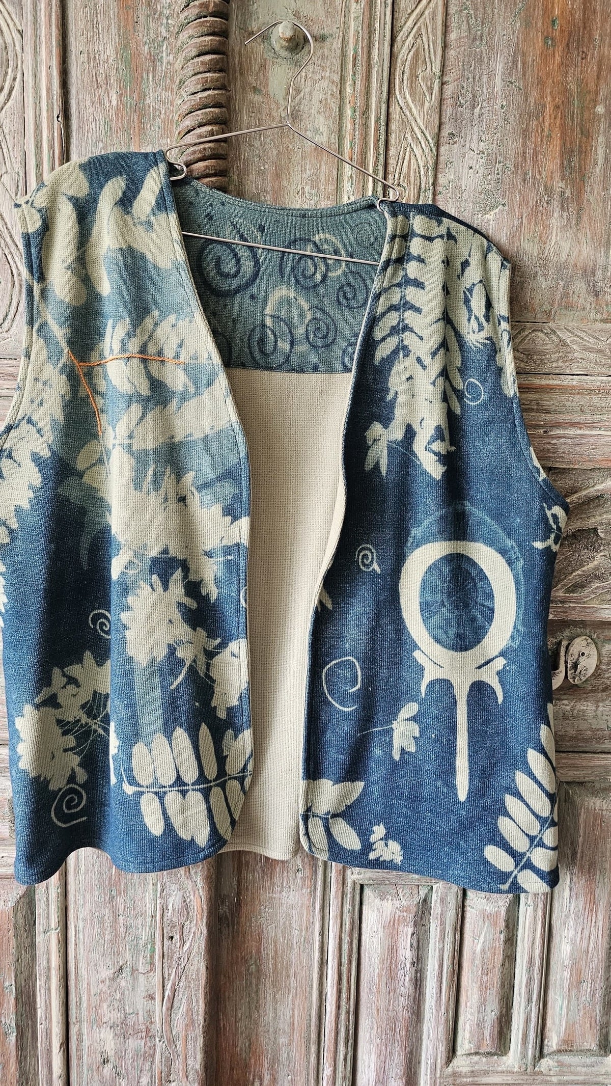 Inside Out Vest – worn inside out, full cyanotype fern print – view 4