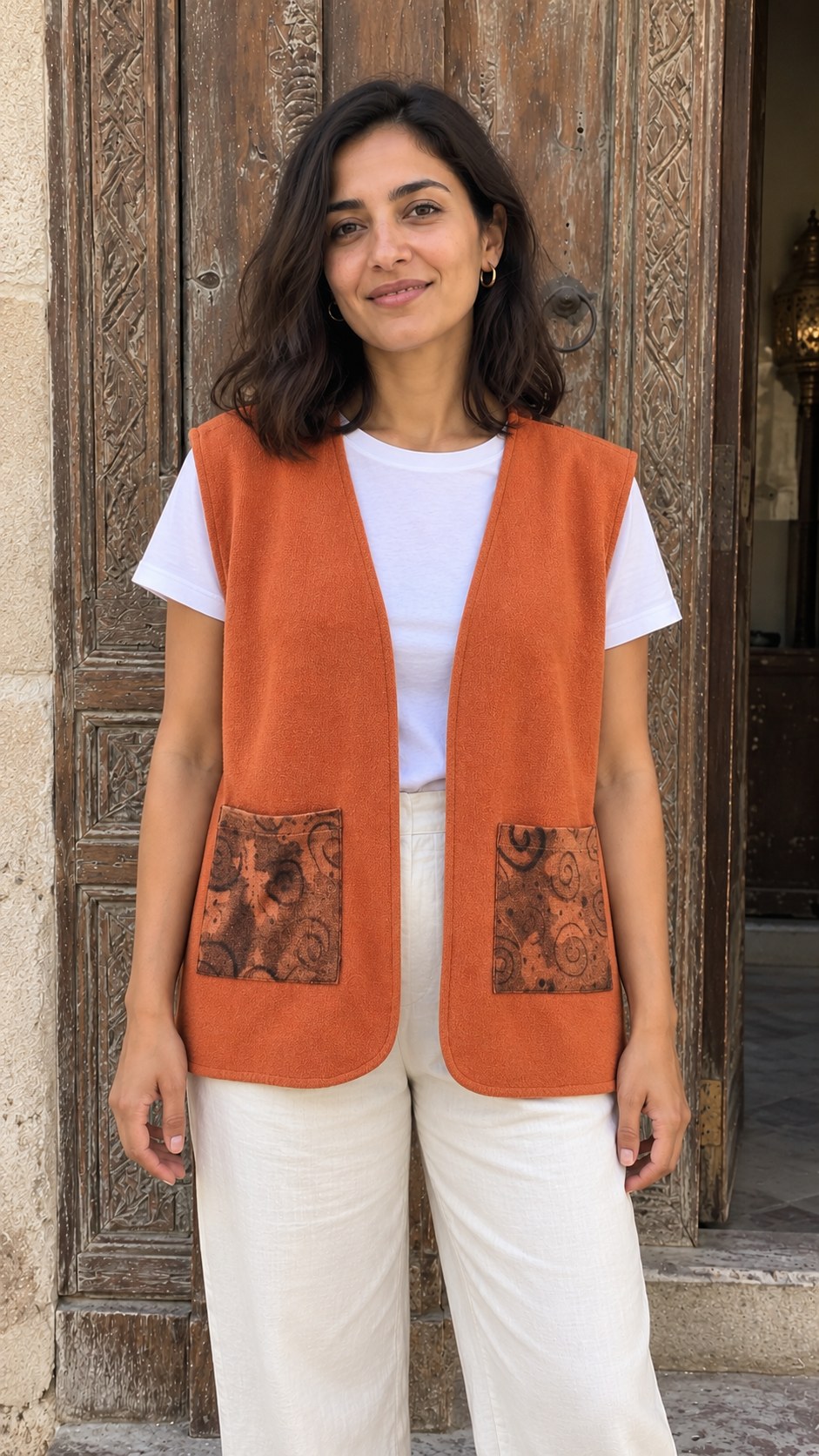 Inside Out Vest – orange & brown – burnt-orange knit side with sun-printed pockets, reversible vest by MIM Creative Wear, Egypt