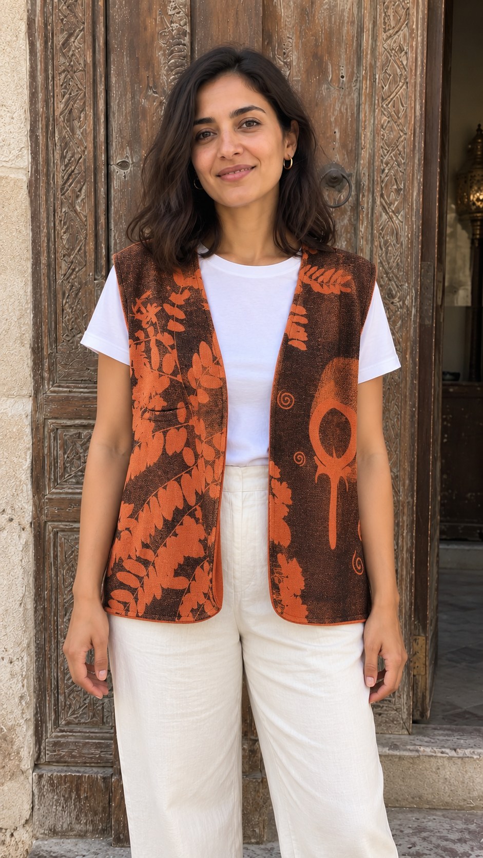 Inside Out Vest – orange & brown – reversible vest worn print side out, orange fern and ankh print on brown, by MIM Creative Wear, Egypt