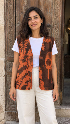 Inside Out Vest – orange & brown – reversible vest worn print side out, orange fern and ankh print on brown, by MIM Creative Wear, Egypt