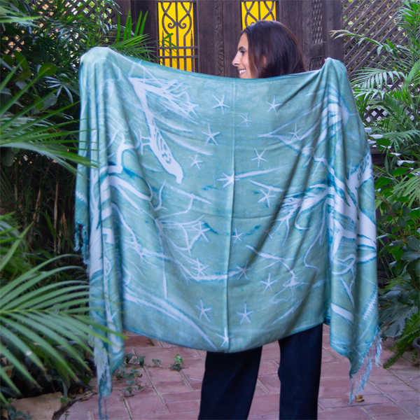 Jadareya Saqara Shawl Cyano – cyanotype sun-printed shawl by MIM Creative Wear, Egypt