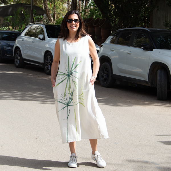 Papyrus Linen Midi Dress – botanical print women's dress by MIM Creative Wear, Egypt