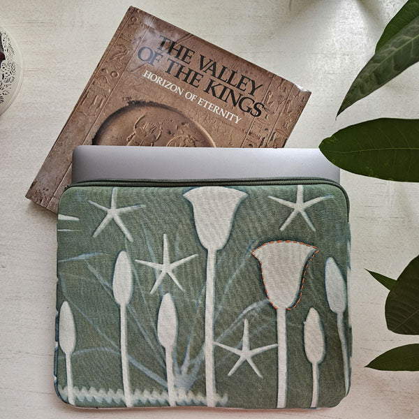 Saqara Laptop Sleeve Cyanoprint 13 inch – cyanotype sun-printed laptop sleeve by MIM Creative Wear, Egypt