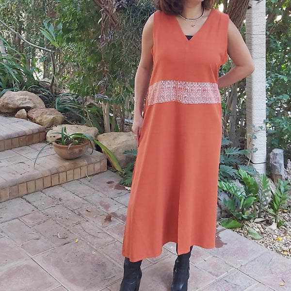 Terra Linen Midi Dress – hand block-printed women's dress by MIM Creative Wear, Egypt