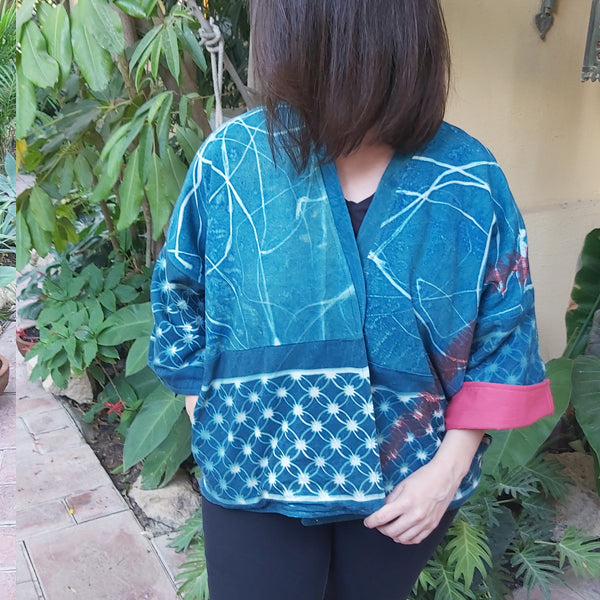 The Fence Cyano Kimono Jacket – cyanotype sun-printed women's kimono by MIM Creative Wear, Egypt