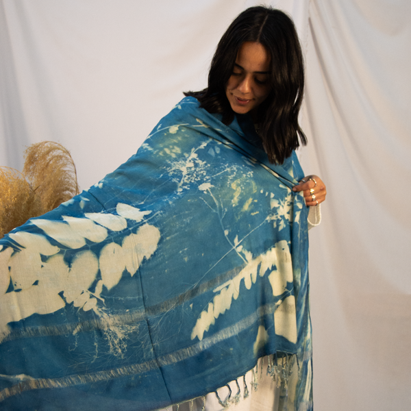 WM17 Cyano-Print Garden Shawl – cyanotype sun-printed shawl by MIM Creative Wear, Egypt
