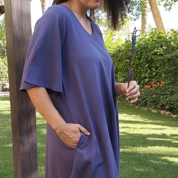 Dress (21S9/O half bell sleeve linen dress pocket -lavender blue)