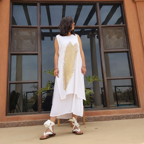 MIM Signature Dress Golden Maat White – botanical print women's dress by MIM Creative Wear, Egypt