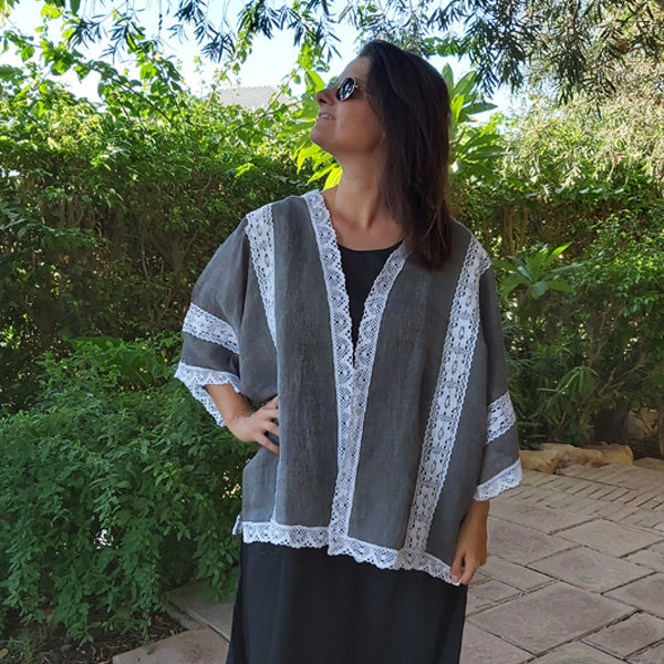 MY1/22 Hand-Loomed Linen Jacket - Free Size – hand-printed women's jacket by MIM Creative Wear, Egypt
