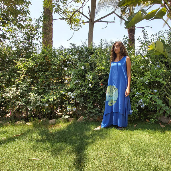 N1/U Sleeveless Two-Layer Dress-Cobalt Blue – botanical print women's dress by MIM Creative Wear, Egypt