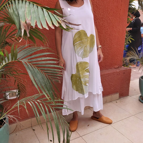 N1/U Two-Layer Sleeveless Dress-White/Green Leaf – botanical print women's dress by MIM Creative Wear, Egypt