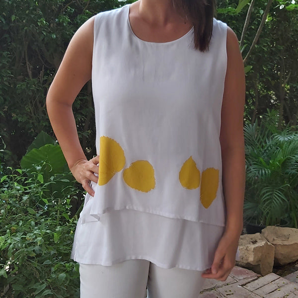 N18/22 Two-Layer Sleeveless Round-Neck Top-Yellow Hibiscus – botanical print women's top by MIM Creative Wear, Egypt