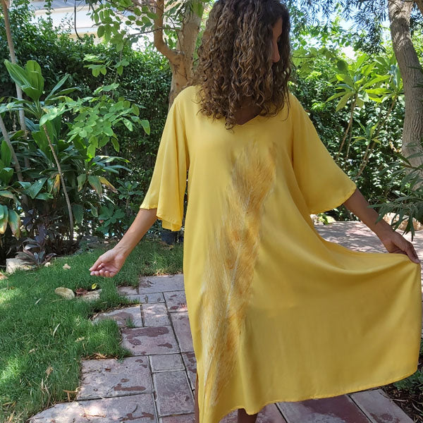 N5 V-Neck Half Sleeve Dress-Aspen Yellow – botanical print women's dress by MIM Creative Wear, Egypt
