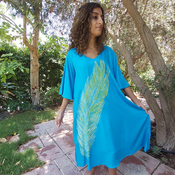 N5 V-Neck Half-Sleeve Dress - Turqoise – botanical print women's dress by MIM Creative Wear, Egypt